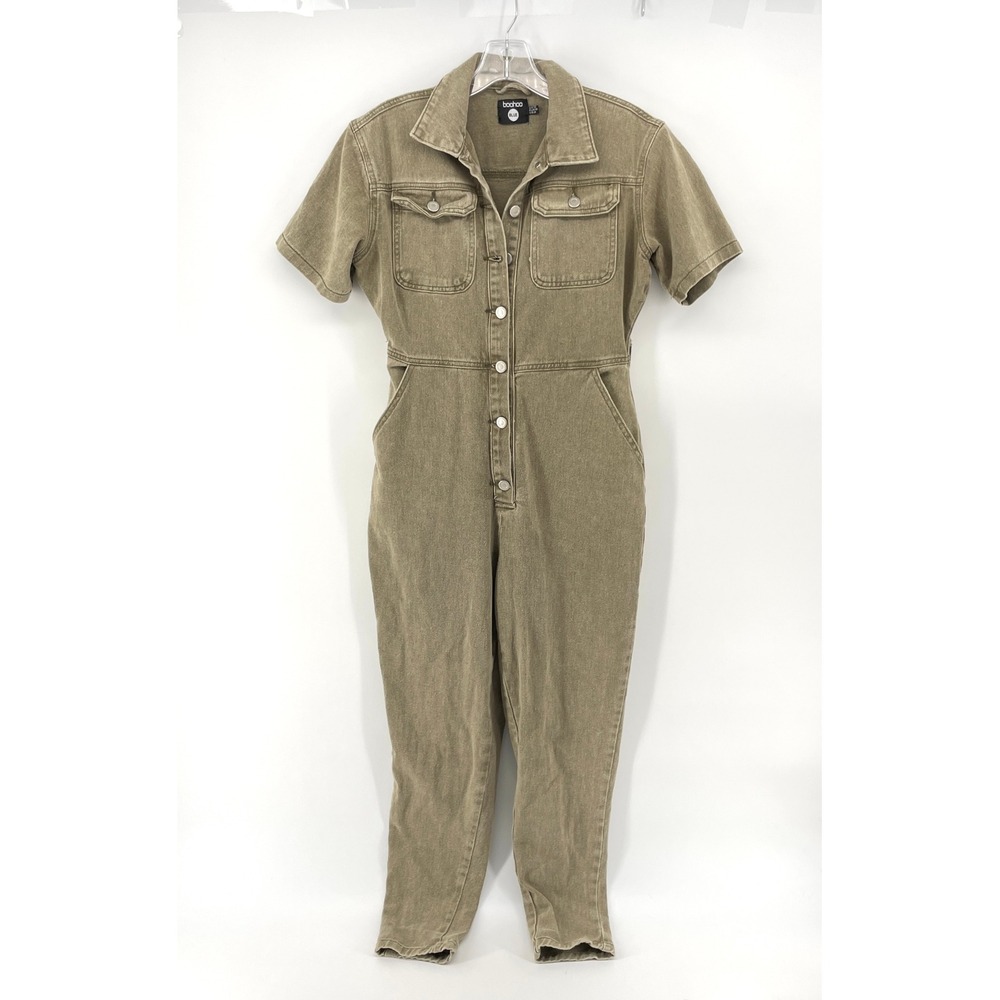 Boohoo Blue Womens Denim Boiler Suit Jumpsuit Khaki Brown Utility Size 8 US